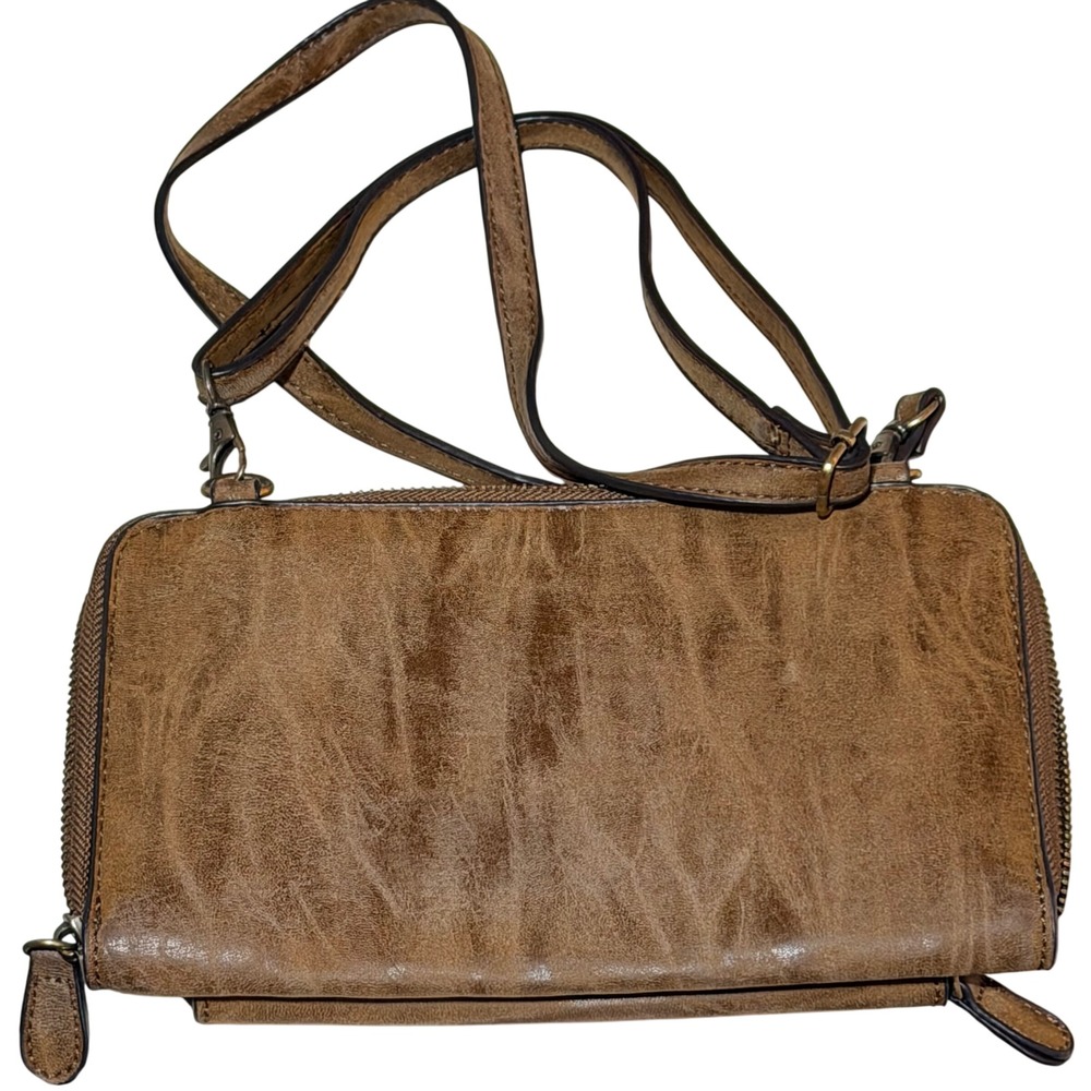 Crossbody Wallet Purse Womens Brown Faux Leather Distressed Boho Multi-Pocket